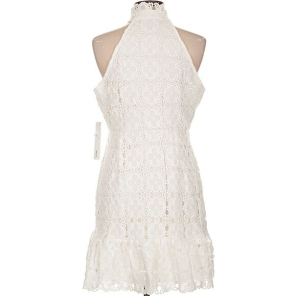 DESIGNER AQUA WHITE LACE HALTER NECKLINE RUFFLE HEM SLEEVELESS DRESS SIZE LARGE - Picture 12 of 16